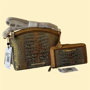 Brahmin Gold and Brown and Teal Crossbody w/Suri wallet Bag Set